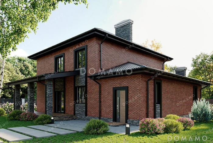 Проект двухэтажного дома с террасой, большой гостиной и гаражом