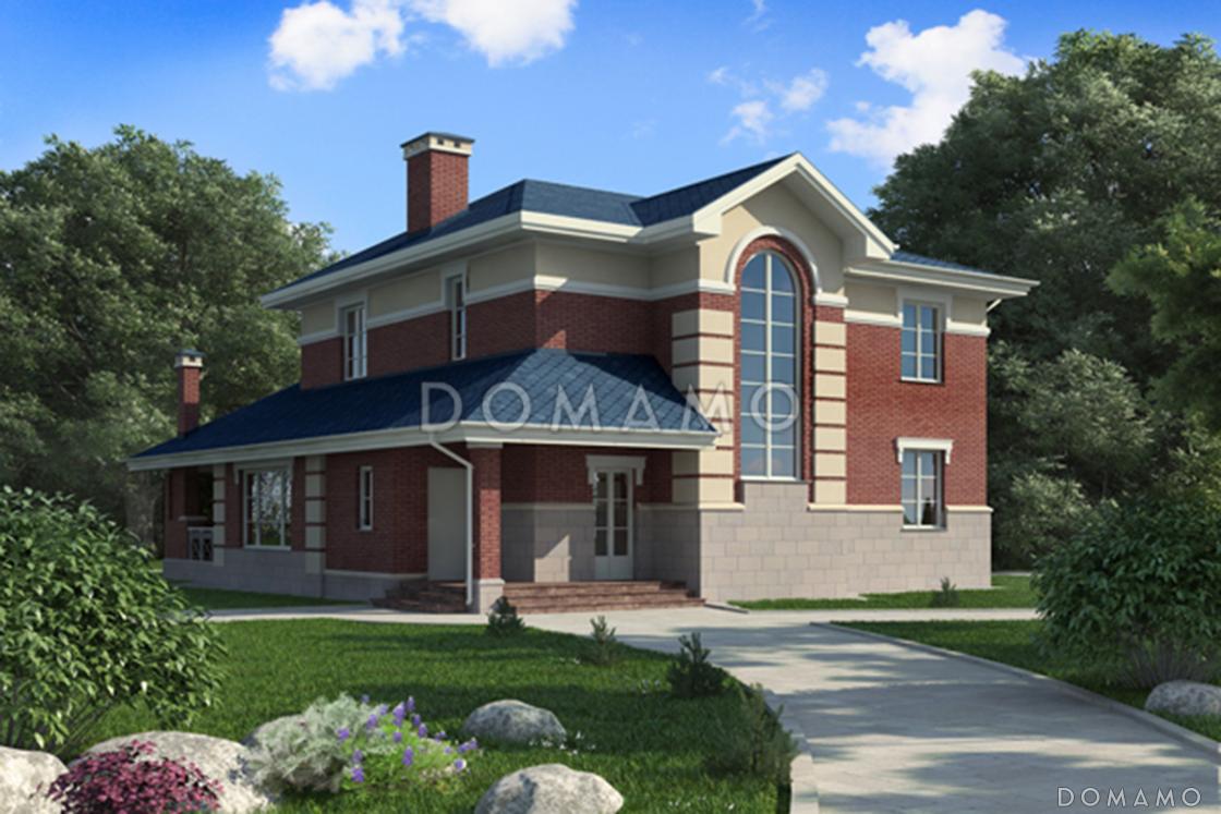 Проект дома с овальным холлом, террасой с барбекю, спальней на первом этаже, хозяйской ванной / 1