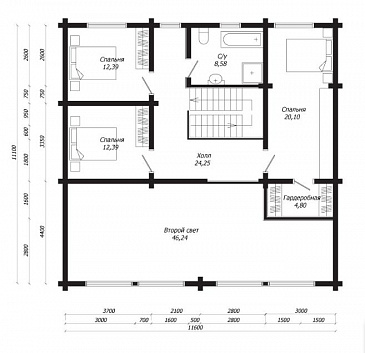 Проект дома из клееного бруса с большими панорамными окнами / План мансардного этажа Проект дома из клееного бруса с большими панорамными окнами / План мансардного этажа