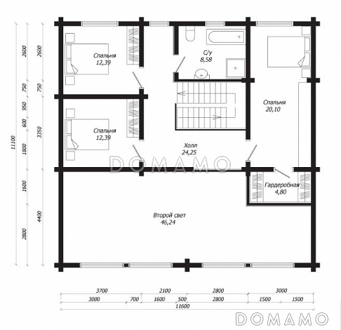 Проект дома из клееного бруса с большими панорамными окнами / План мансардного этажа Проект дома из клееного бруса с большими панорамными окнами / План мансардного этажа