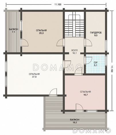 Проект респектабельного дома из клееного бруса с террасой / План 2 этажа Проект респектабельного дома из клееного бруса с террасой / План 2 этажа