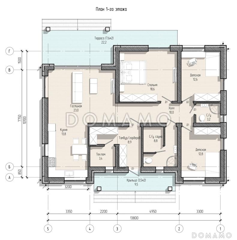 Проект одноэтажного дома с тремя спальнями, гардеробной, сауной и террасой / План 1 этажа
