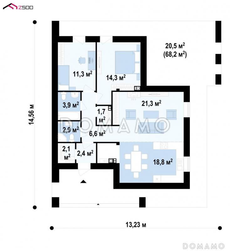 Проект компактного одноэтажного дома из газобетона с косой крышей и с двумя спальнями / План 1 этажа