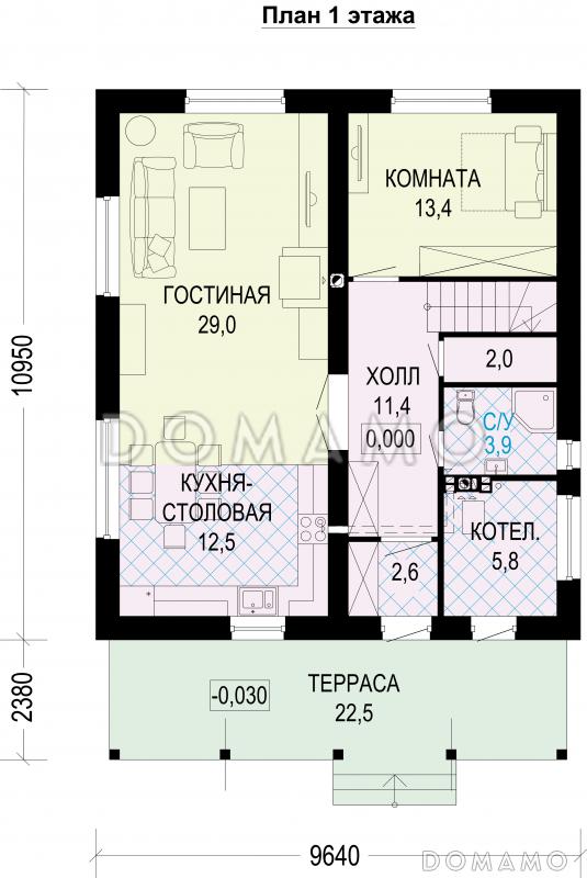 Проект двухэтажного газобетонного дома с большой террасой на втором этаже / План 1 этажа