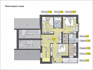 Проект дома с гаражом на одну машину, кухней-столовой с выходом на террасу, спальней на первом этаже, вторым светом / План мансардного этажа