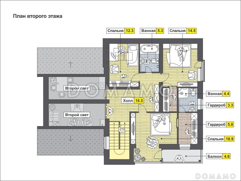 Проект дома с гаражом на одну машину, кухней-столовой с выходом на террасу, спальней на первом этаже, вторым светом / План мансардного этажа