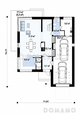 Проект двухэтажного дома из кирпича с четырьмя спальнями и удлинённым двухместным гаражом / План 1 этажа