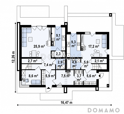 Проект комфортного одноэтажного мансардного дома из газобетона для двух семей / План 1 этажа Проект комфортного одноэтажного мансардного дома из газобетона для двух семей / План 1 этажа