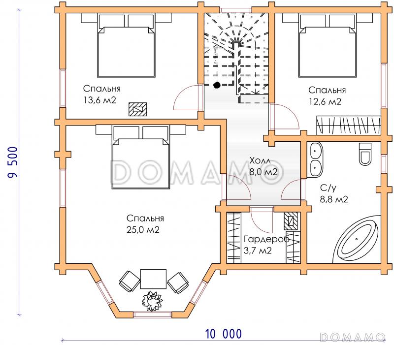 Проект коттеджа из бруса с эркером / План 2 этажа