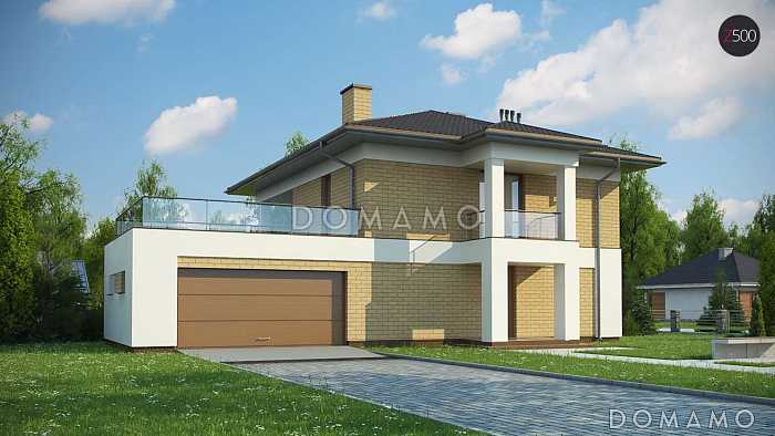 Проект современного двухэтажного дома из газобетона балконом, лоджией и открытой террасой над двухместным гаражом Проект современного двухэтажного дома из газобетона балконом, лоджией и открытой террасой над двухместным гаражом