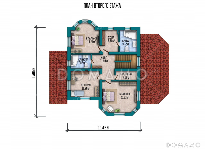 Проект двухэтажного дома с застекленной верандой / План 2 этажа
