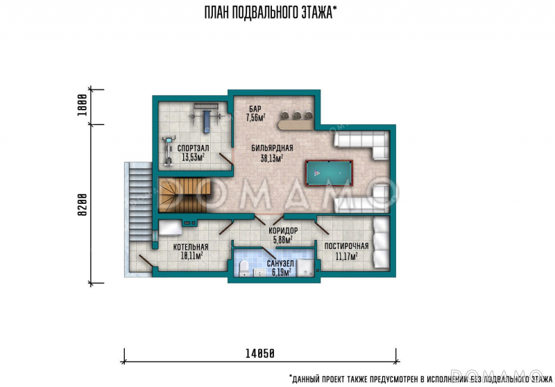 Проект одноэтажного дома с мансардой, большой террасой и подвалом / План цокольного этажа Проект одноэтажного дома с мансардой, большой террасой и подвалом / План цокольного этажа