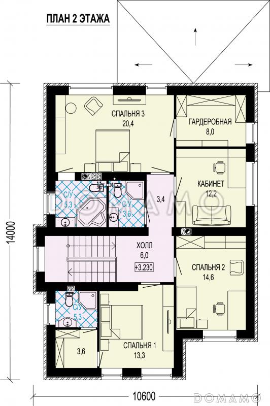 Проект двухэтажного дома с двумя мастер-спальнями, комнатой на первом этаже, просторной гардеробной и кабинетом / План 2 этажа