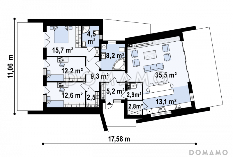 Проект современного одноэтажного дома из газобетона необычного дизайна с плоской крышей и с тремя спальнями / План 1 этажа