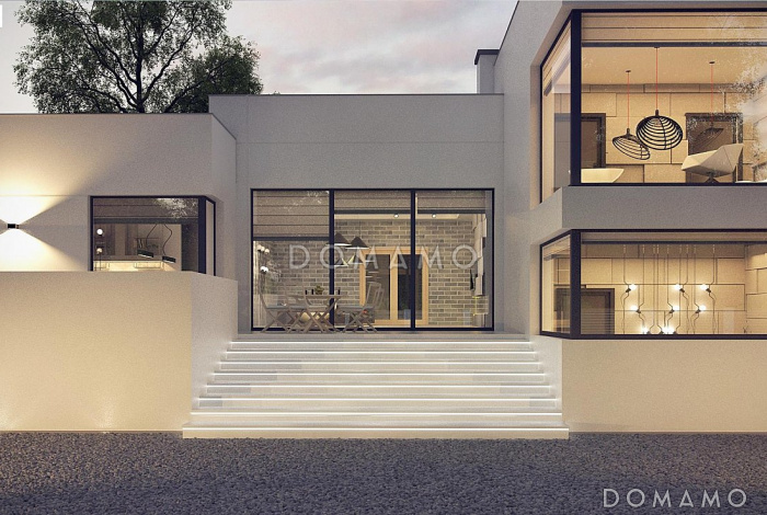 Проект современного трёхуровнего дома из газобетона с плоской крышей, с большим гаражом, спортзалом и сауной  Проект современного трёхуровнего дома из газобетона с плоской крышей, с большим гаражом, спортзалом и сауной