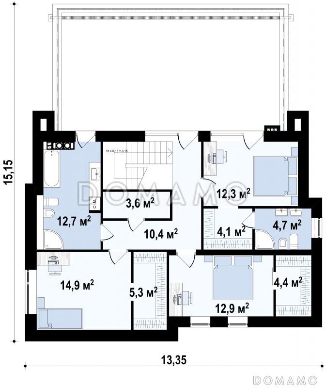 Проект современного двухэтажного дома из газобетона с плоской крышей, с четырьмя комнатами, гаражом и террасами на двух уровнях   / План 2 этажа