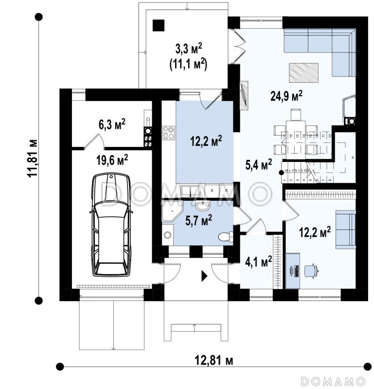 Проект привлекательного двухэтажного дома с гаражом на один автомобиль, кабинетом, крытой террасой,  балконом / План 1 этажа