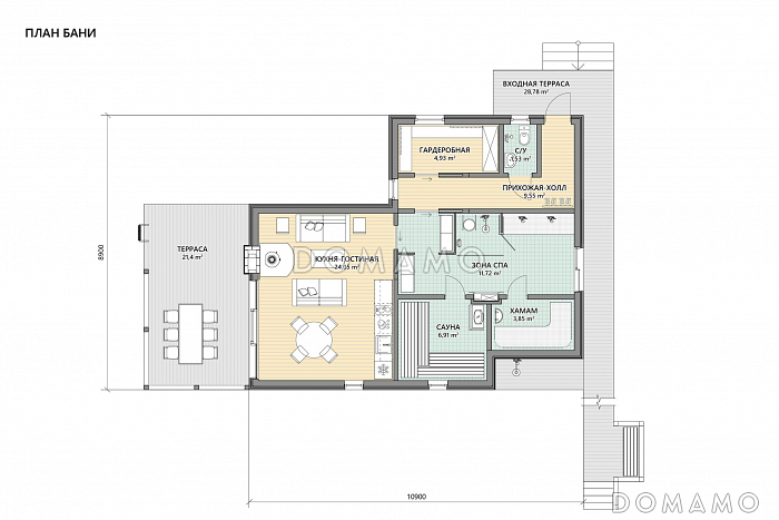 Проект банного комплекса со спа-зоной и двумя террасами / План 1 этажа Проект банного комплекса со спа-зоной и двумя террасами / План 1 этажа