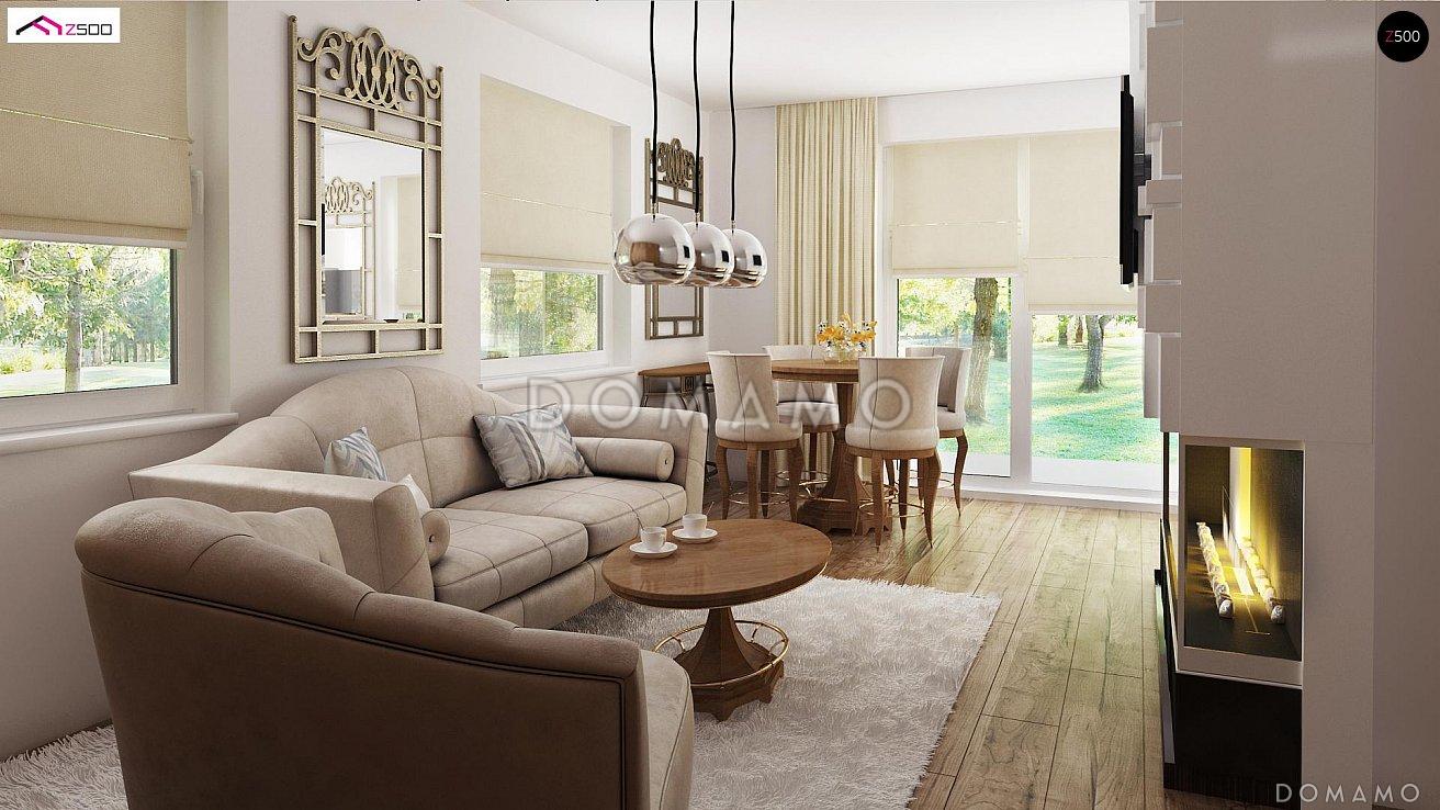 Проект компактного одноэтажного мансардного дома из газобетона с тремя спальнями и фронтальной террасой / 3