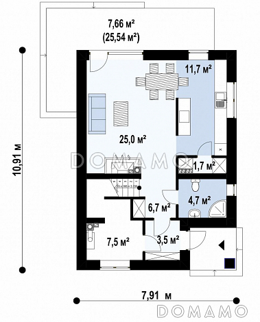 Проект классического двухэтажного дома из кирпича с четырьмя комнатами, техническим помещением и небольшой угловой террасой / План 1 этажа