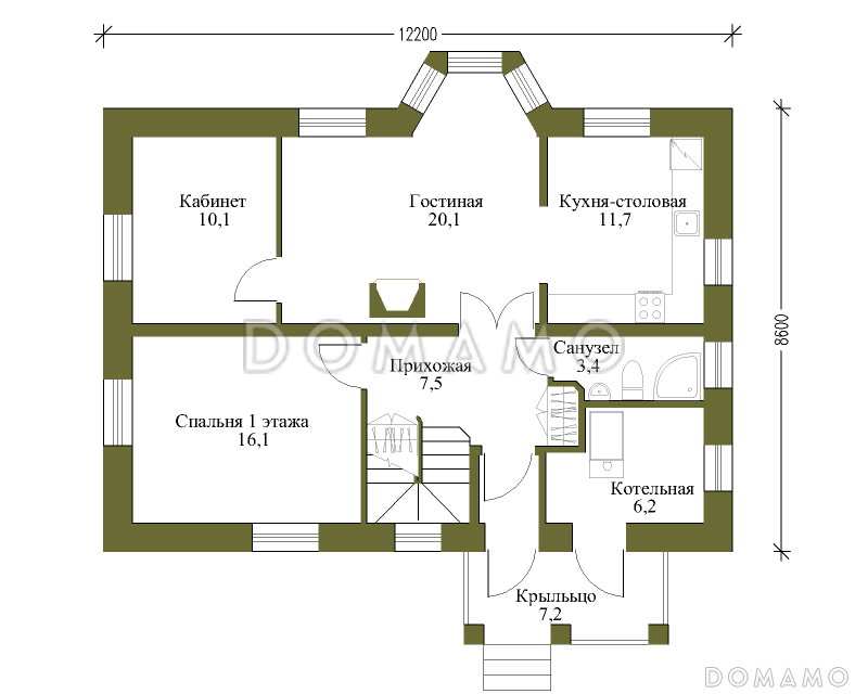 Проект дома по технологии ЛСТК с мансардой в европейском стиле / План 1 этажа