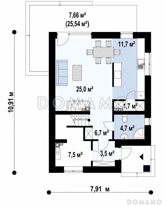 Проект классического двухэтажного дома из кирпича с четырьмя комнатами, техническим помещением и небольшой угловой террасой / План 1 этажа