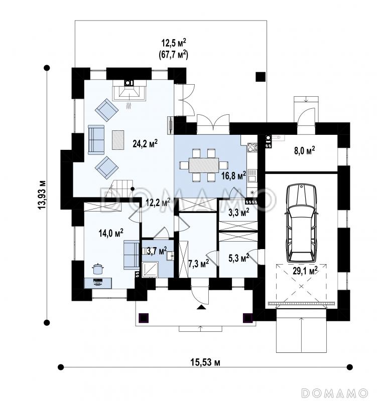 Проект дома с мастер-спальней с выходом на террасу, гостиной с камином, кладовой, гаражом / План 1 этажа