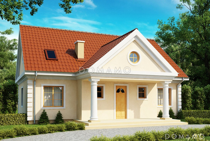 Проект просторного мансардного дома из кирпича с дополнительной спальней на первом этаже, с колоннами и фронтоном