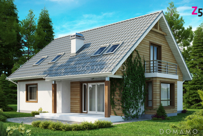 Проект классического мансардного дома из газобетона с дополнительной спальней на первом этаже и эркером в столовой зоне