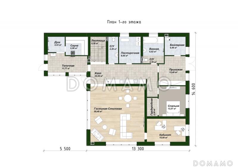 Проект дома с подвалом, сауной, 4 спальнями и вторым светом / План 1 этажа