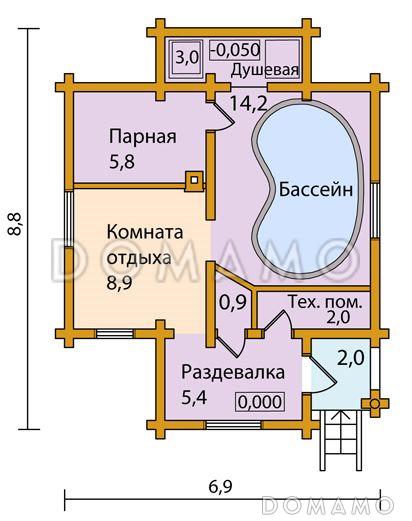 Проект небольшой одноэтажной бани с бассейном / План 1 этажа Проект небольшой одноэтажной бани с бассейном / План 1 этажа