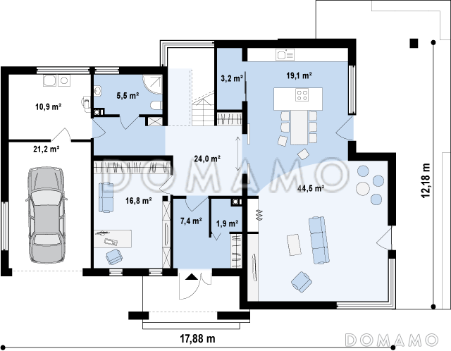 Проект современного двухэтажного дома в стиле хай-тек из кирпича с плоской крышей, гаражом и балконом / План 1 этажа