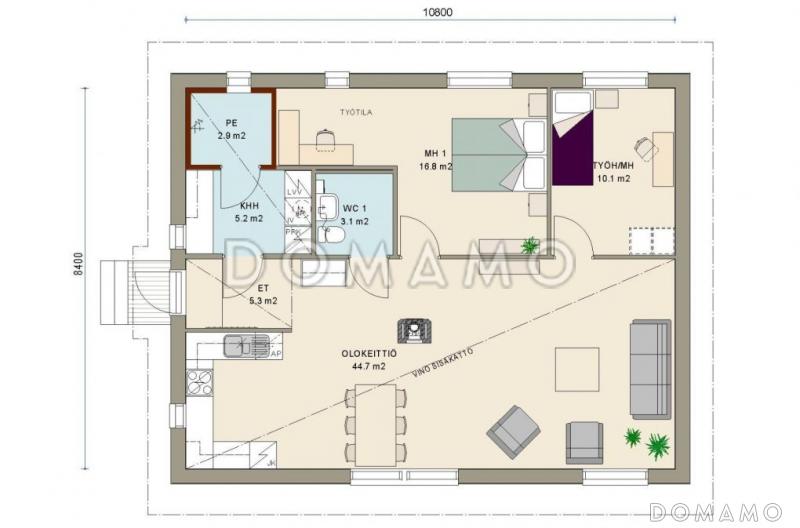 Проект современного каркасного дома с двускатной крышей / План 1 этажа
