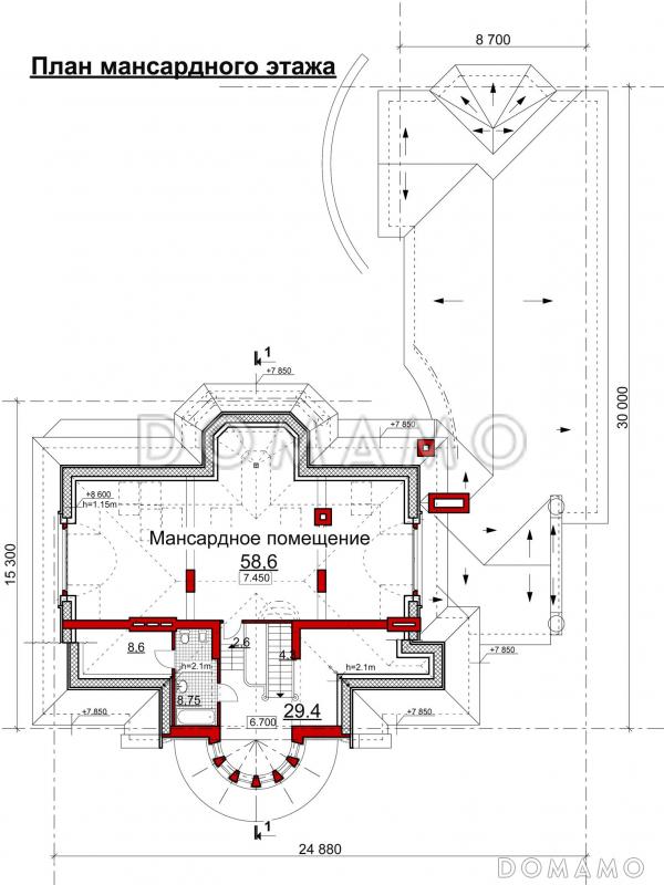 Проект коттеджа с двусветной гостиной, бильярдной и бассейном / План мансардного этажа Проект коттеджа с двусветной гостиной, бильярдной и бассейном / План мансардного этажа