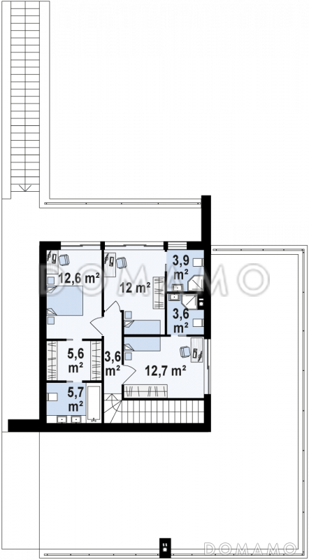 Проект современного двухэтажного дома из газобетона с плоской крышей необычного дизайна, с большими террасами на обоих уровнях, подходит для участка со склоном / План 2 этажа