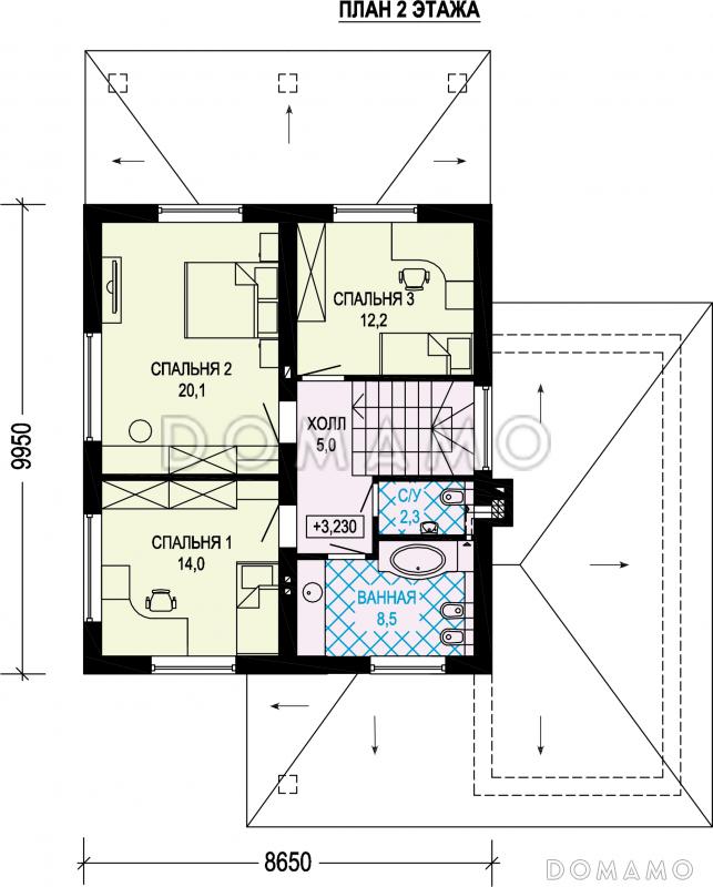 Проект двухэтажного дома с гаражом, террасой и тремя спальнями на втором этаже / План 2 этажа