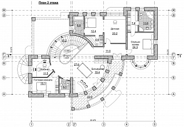 Проект коттеджа с круглым холлом и башенкой / План 2 этажа Проект коттеджа с круглым холлом и башенкой / План 2 этажа