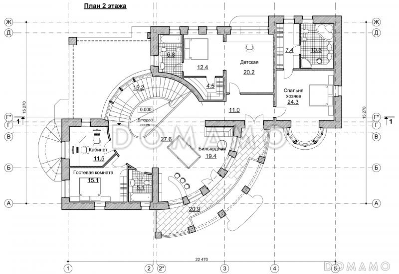 Проект коттеджа с круглым холлом и башенкой / План 2 этажа