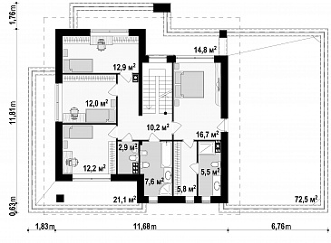 Проект двухэтажного дома из газобетона с гаражом и террасой на втором уровне по периметру дома / План 2 этажа Проект двухэтажного дома из газобетона с гаражом и террасой на втором уровне по периметру дома / План 2 этажа