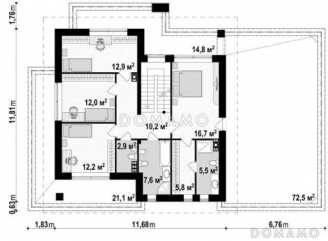 Проект двухэтажного дома из газобетона с гаражом и террасой на втором уровне по периметру дома / План 2 этажа Проект двухэтажного дома из газобетона с гаражом и террасой на втором уровне по периметру дома / План 2 этажа