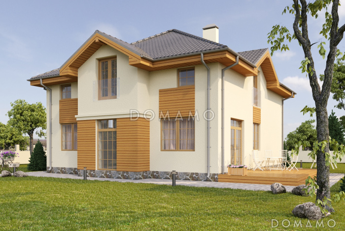 Проект загородного дома с кладовой в кухне, просторной гостиной, террасой, балконом