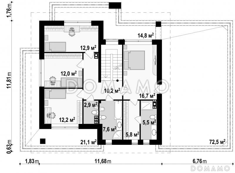 Проект двухэтажного дома из газобетона с гаражом и террасой на втором уровне по периметру дома / План 2 этажа