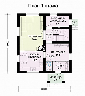 Проект дома из пеноблоков с просторной гостиной и двумя балконами / План 1 этажа Проект дома из пеноблоков с просторной гостиной и двумя балконами / План 1 этажа