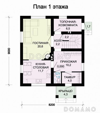Проект дома из пеноблоков с просторной гостиной и двумя балконами / План 1 этажа Проект дома из пеноблоков с просторной гостиной и двумя балконами / План 1 этажа
