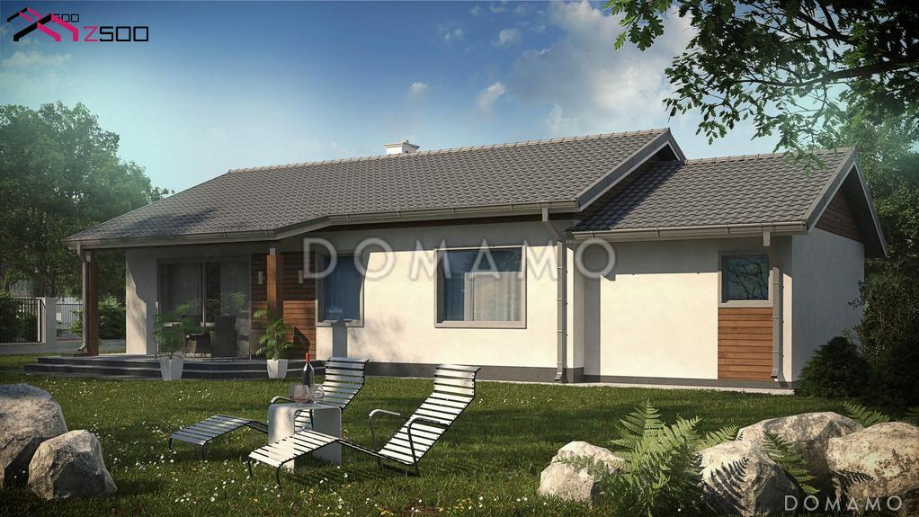 Проект одноэтажного дома простой формы с двухскатной крышей, гаражом, ванной с окном / 2