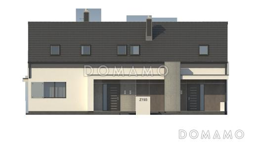 Проект современного одноэтажного мансардного дома из газобетона с общим входом для двух семей / Фасад 2