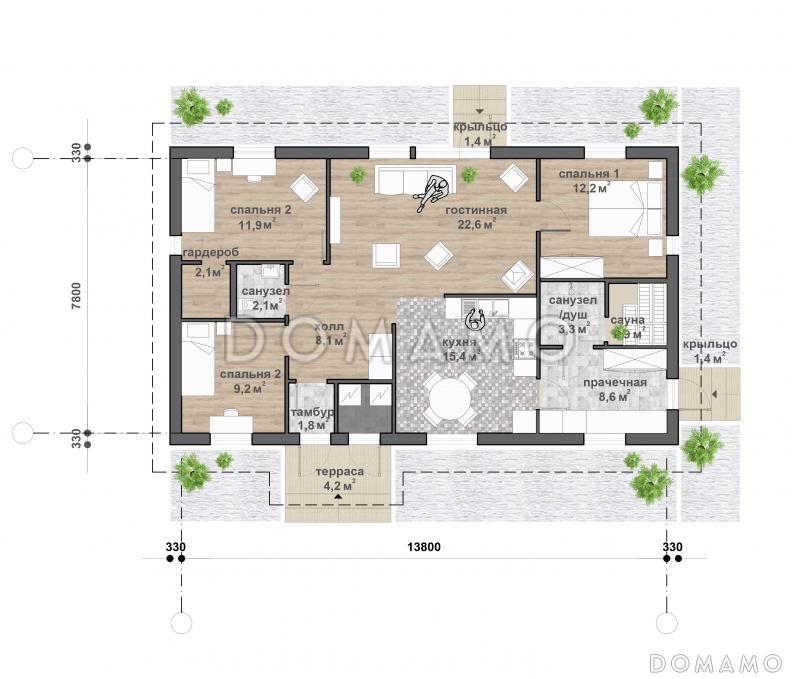 C-134 одноэтажный дом  / План 1 этажа