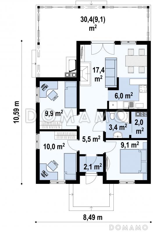 Проект компактного одноэтажного дома с барбекю на большой террасе для каркасного строительства / План 1 этажа