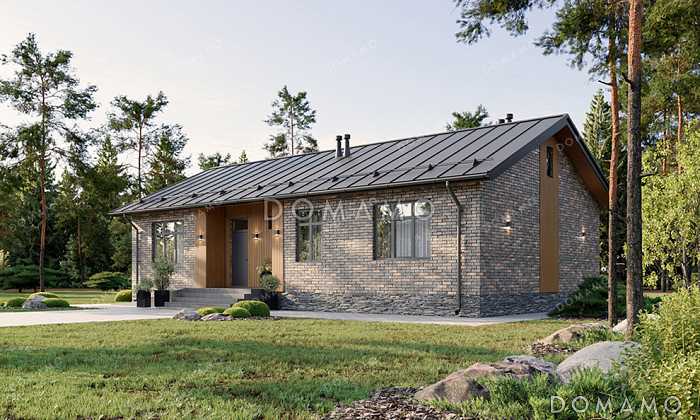 Проект прямоугольного одноэтажного дома с двухскатной фальцевой кровлей, вторым светом и классической отделкой облицовочным кирпичом и планкеном Проект прямоугольного одноэтажного дома с двухскатной фальцевой кровлей, вторым светом и классической отделкой облицовочным кирпичом и планкеном