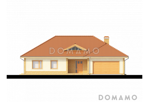 Проект одноэтажного дома из кирпича с тремя спальнями, просторной гостиной и гаражом / Фасад 1
